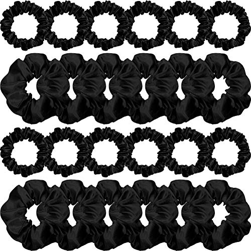WILLBOND front view of 24 black satin scrunchies showing neat compact packaging and versatility