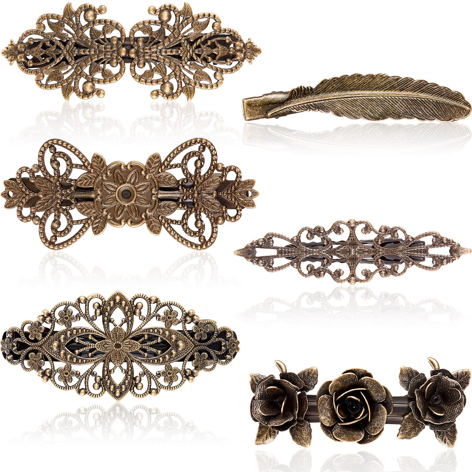 WILLBOND front view of six bronze floral barrettes, elegant accessory