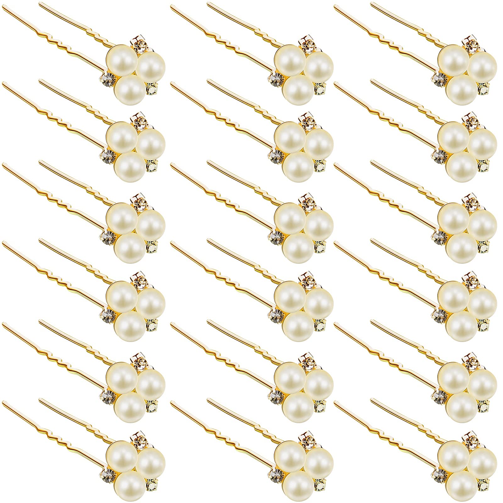 WILLBOND front view of 18 gold pearl rhinestone hair pins showing full set benefit