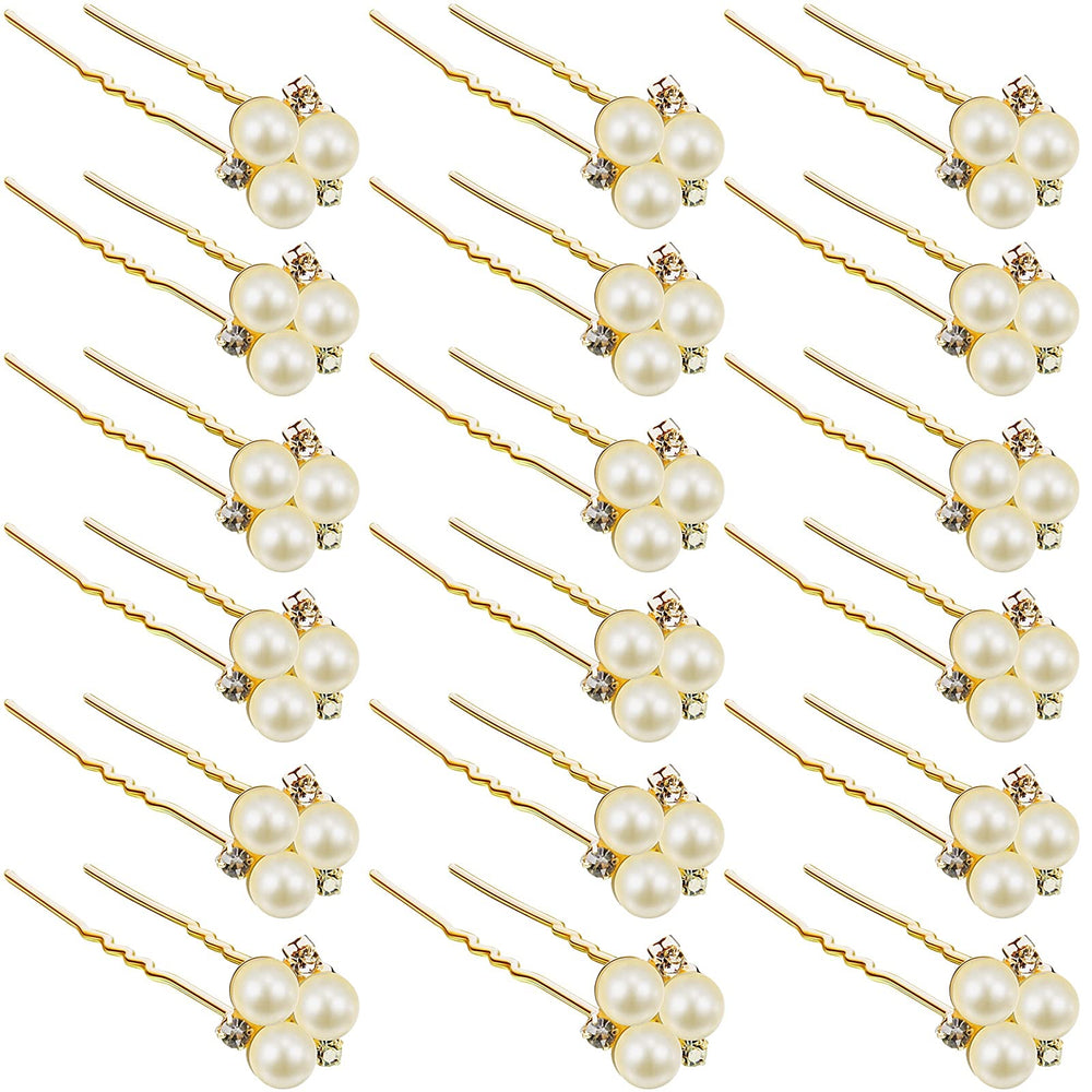 WILLBOND front view of 18 gold pearl rhinestone hair pins showing full set benefit
