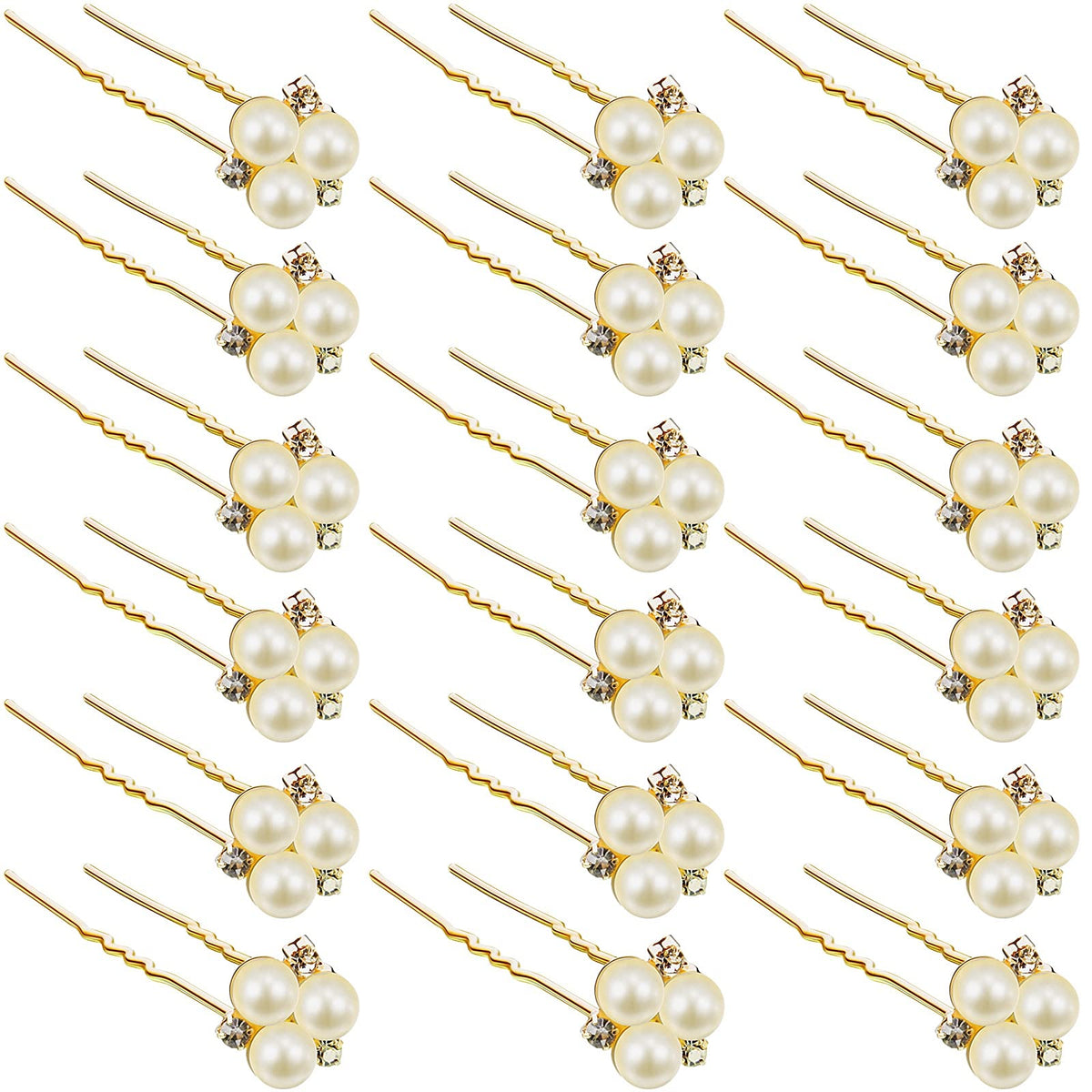WILLBOND front view of 18 gold pearl rhinestone hair pins showing full set benefit