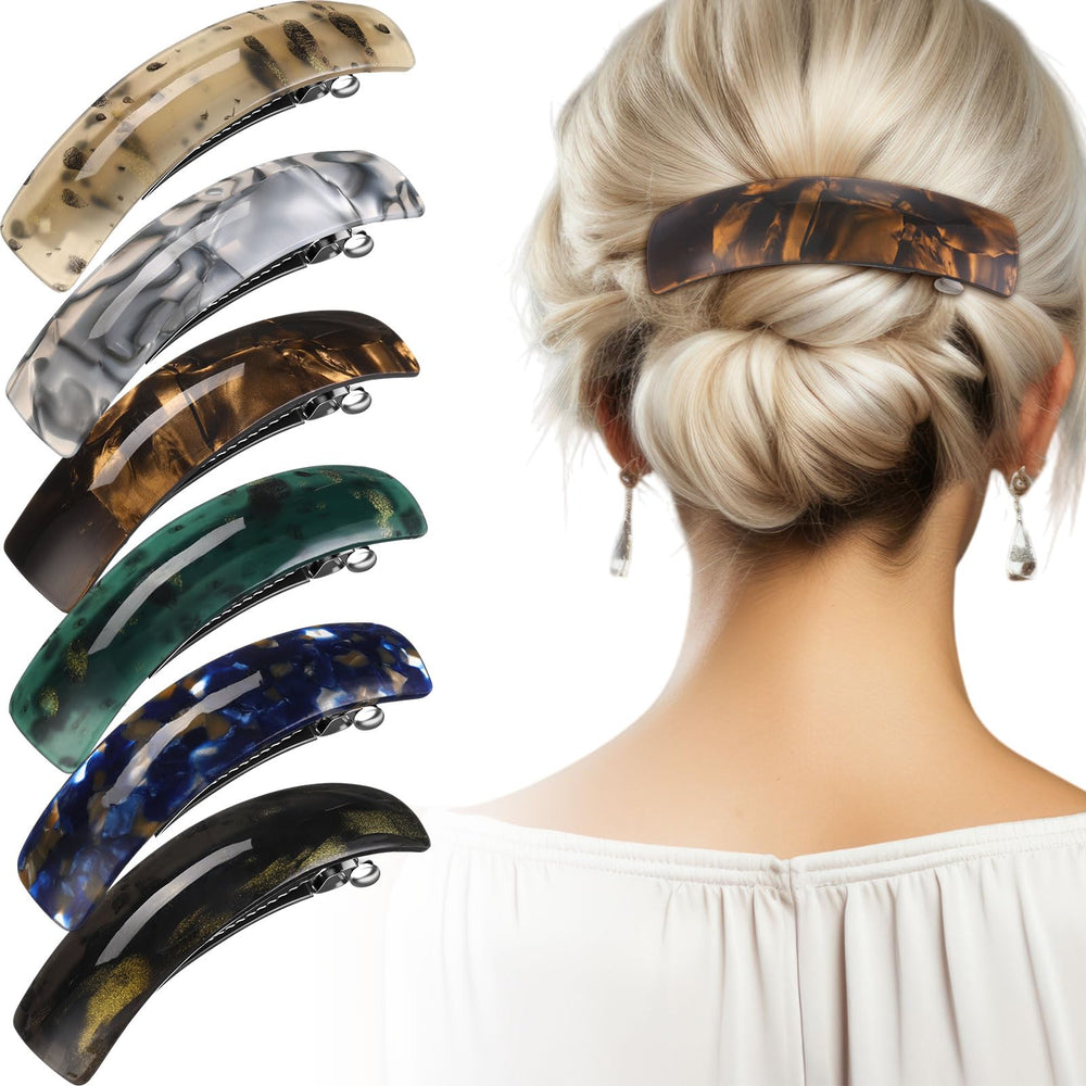 WILLBOND front view of six large barrettes displaying colors and shape, elegant accessory