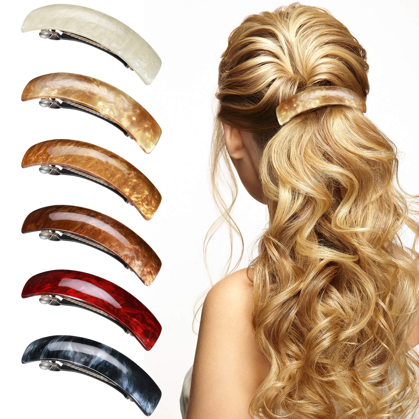 WILLBOND front view of six colorful large barrettes, shows variety and styling options
