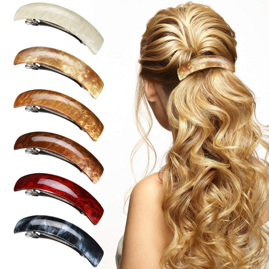 WILLBOND front view of six colorful large barrettes, shows variety and styling options