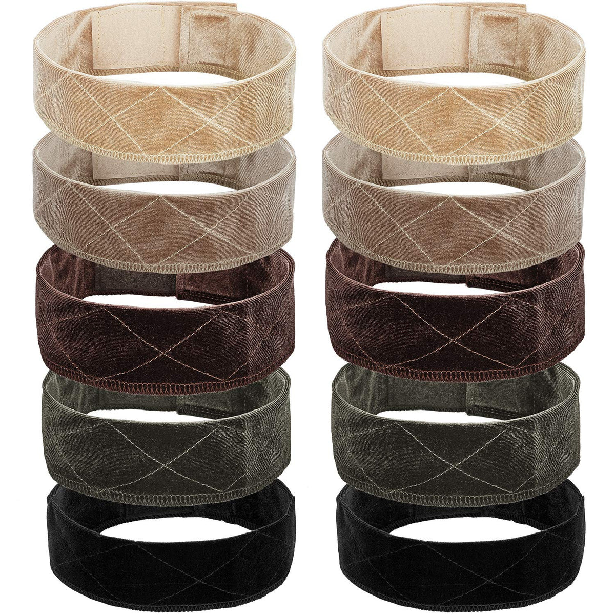 WILLBOND front view of 10 velvet wig bands showing colors and packaging benefit secure storage