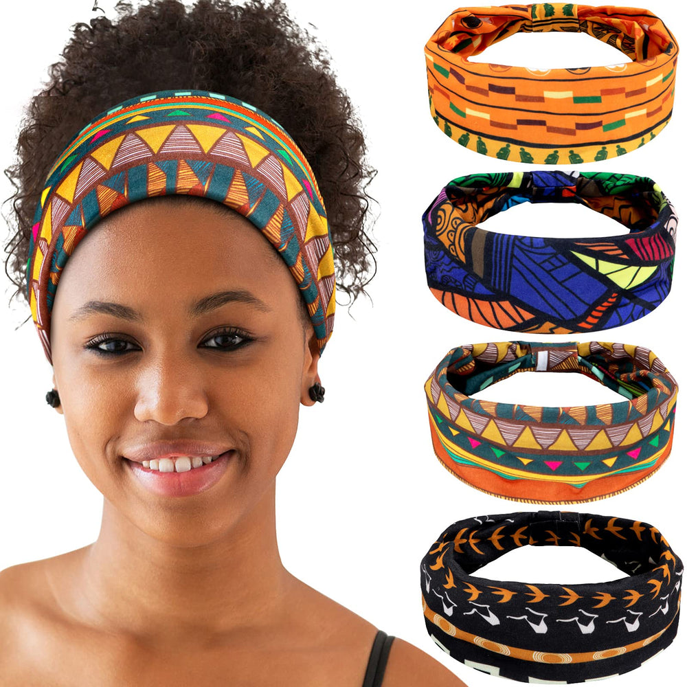 WILLBOND front view of four vintage headbands showing vibrant prints and packaging