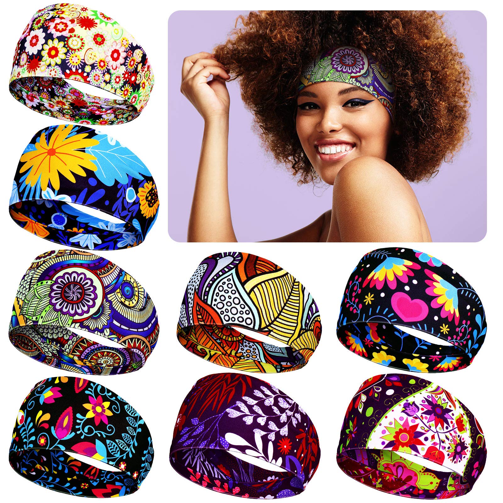 WILLBOND front view of eight wide headbands showing colorful patterns and variety