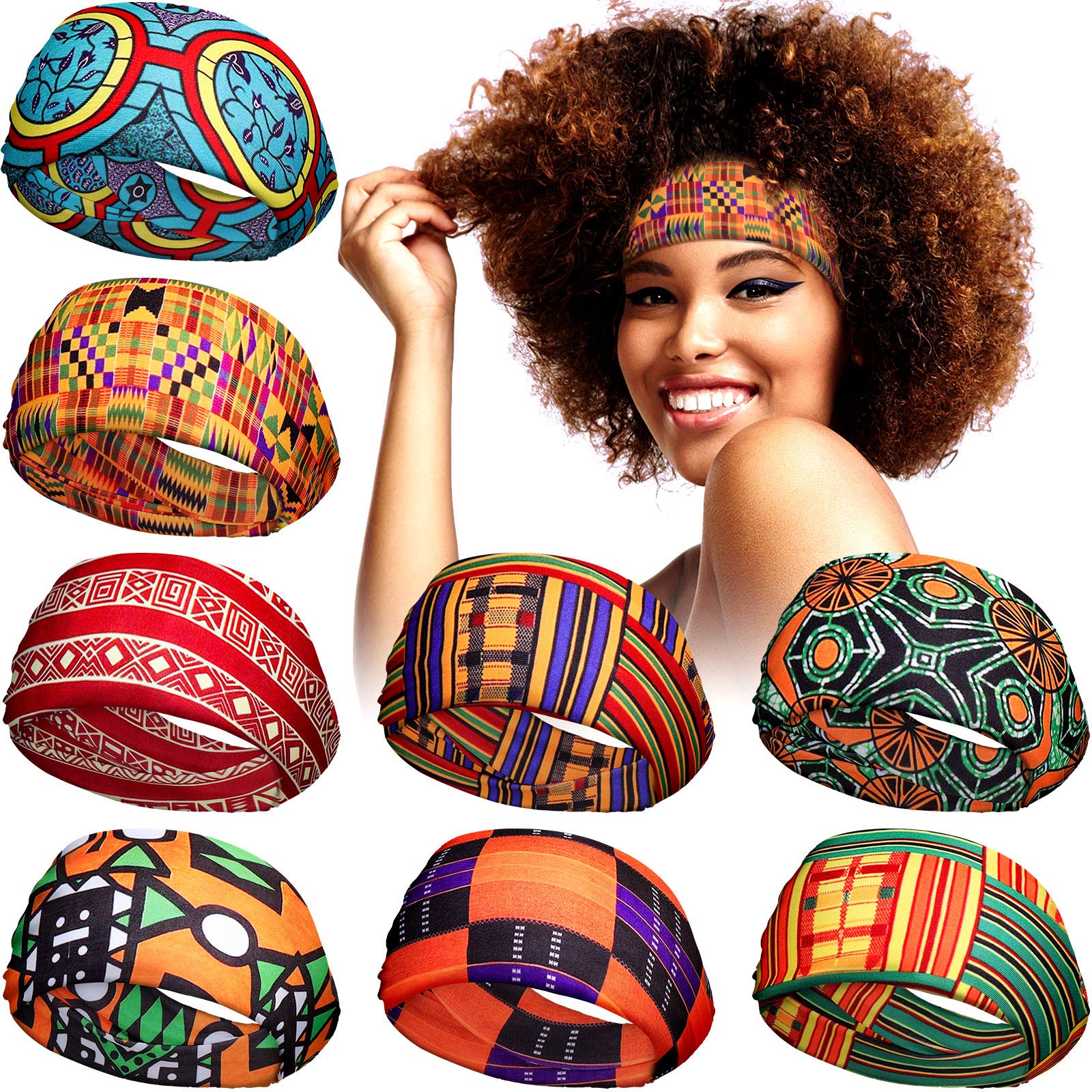 WILLBOND front view of eight patterned headbands, adds colorful style