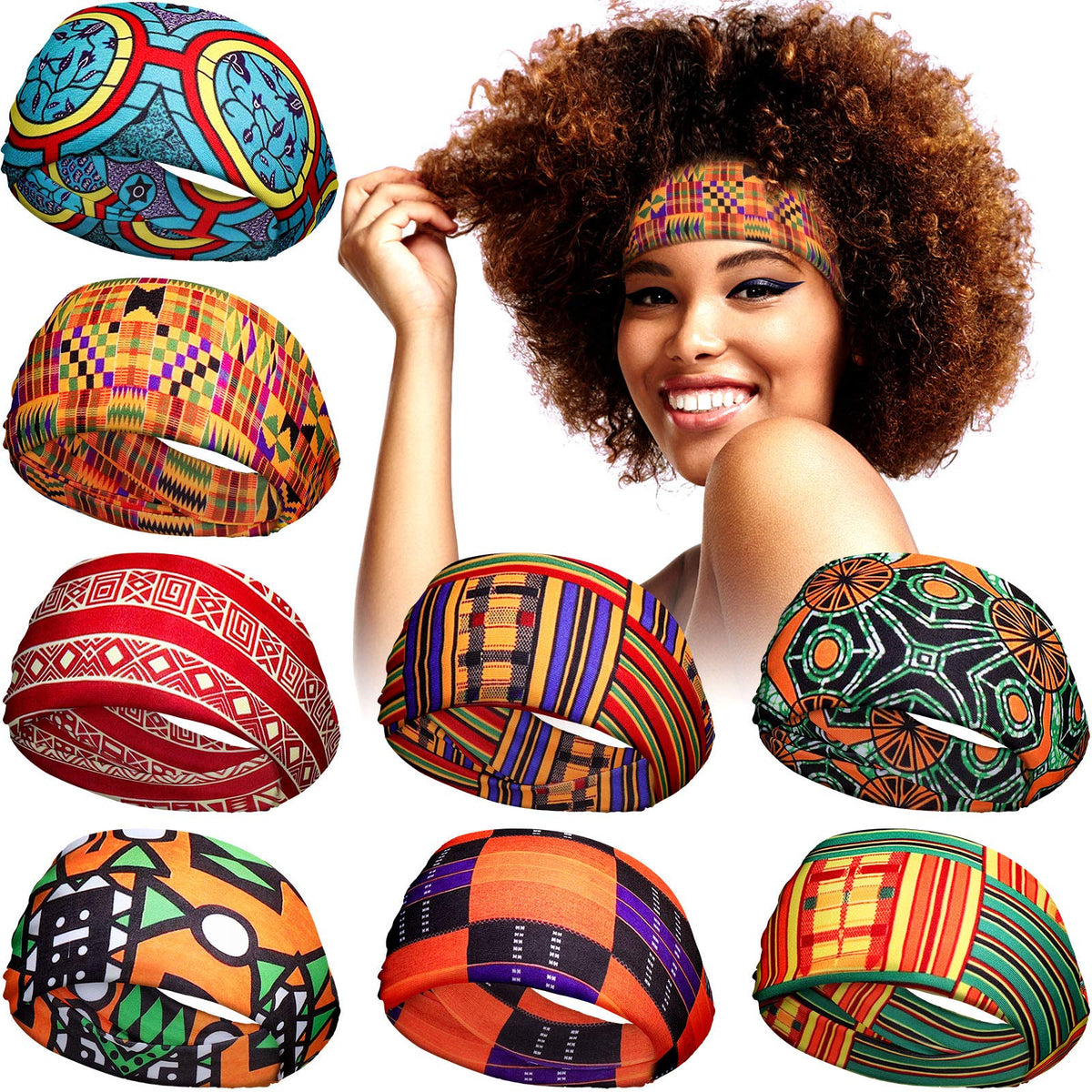 WILLBOND front view of eight patterned headbands, adds colorful style