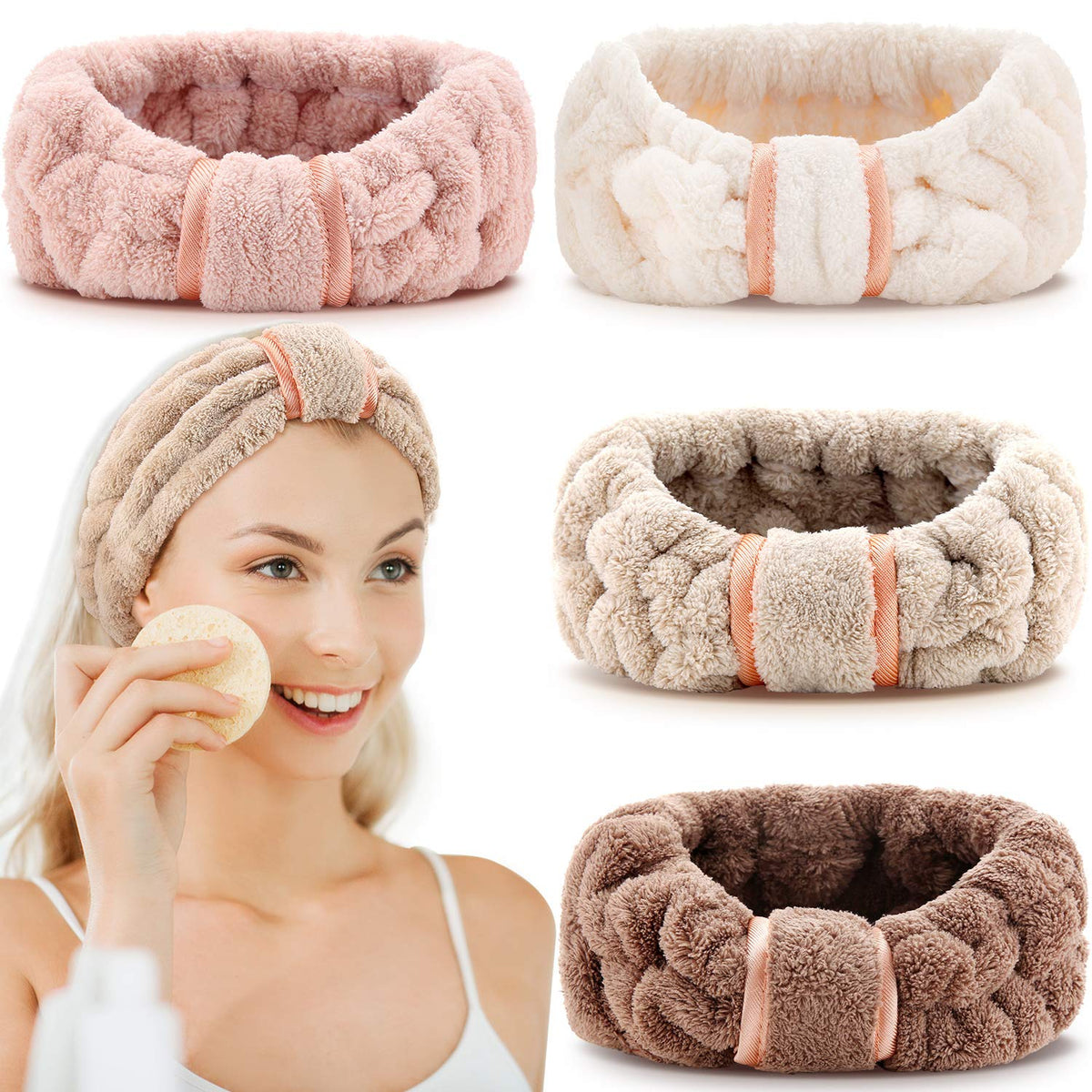 WILLBOND front view of 4-pack headbands showing colors and packaging benefit keeps hair tidy