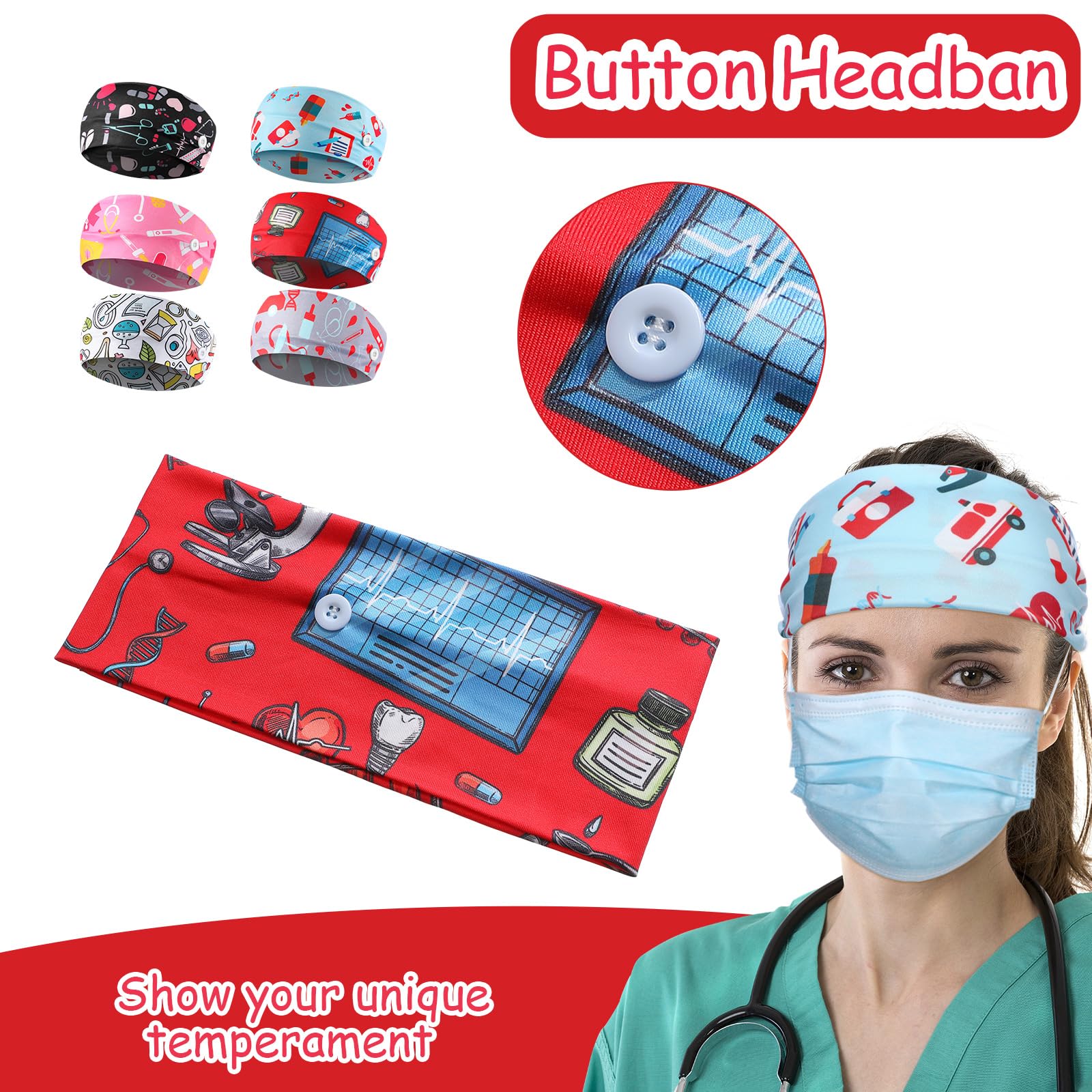 WILLBOND headband worn by nurse with mask hooked to buttons for comfort