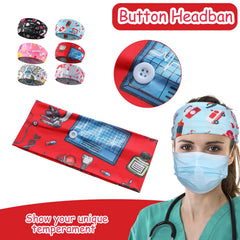 WILLBOND headband worn by nurse with mask hooked to buttons for comfort