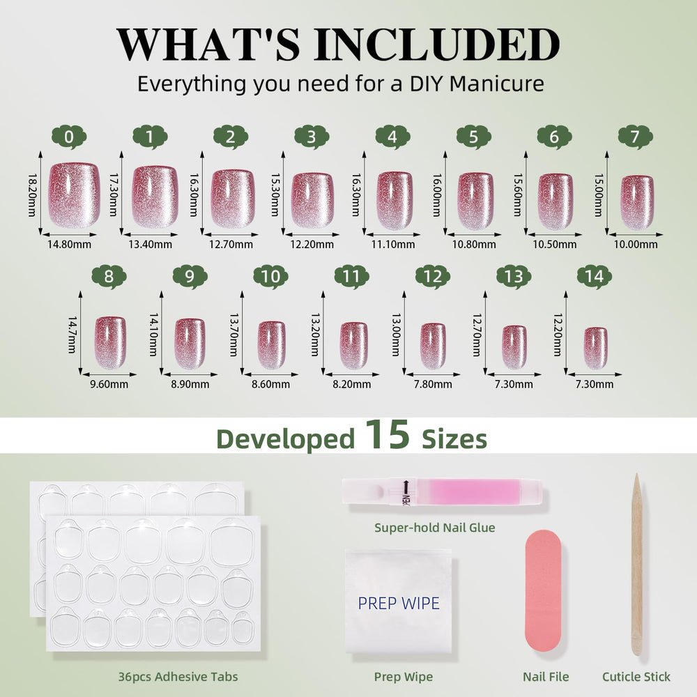 WiniBeauty kit contents laid out: glue, tabs, file, cuticle stick, and storage box