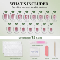 WiniBeauty kit contents laid out: glue, tabs, file, cuticle stick, and storage box