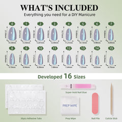WiniBeauty kit contents laid out with glue, tabs, file for complete at-home manicure