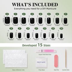 Overhead layout of WiniBeauty kit with glue, tabs, file, cuticle stick and 30 nails for full setup