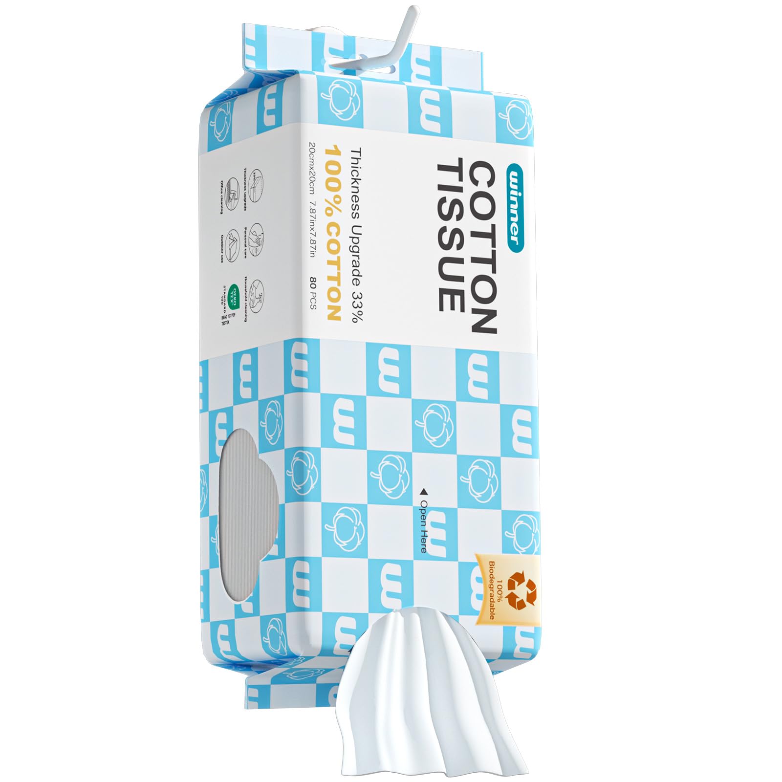 Winner front packaging showing 80-count pack and hangable design for easy access