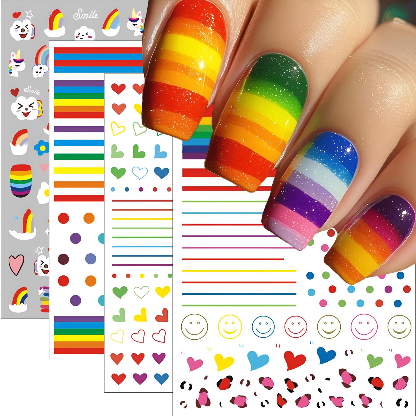 winthrop front packaging showing six colorful rainbow nail sticker sheets and variety benefit