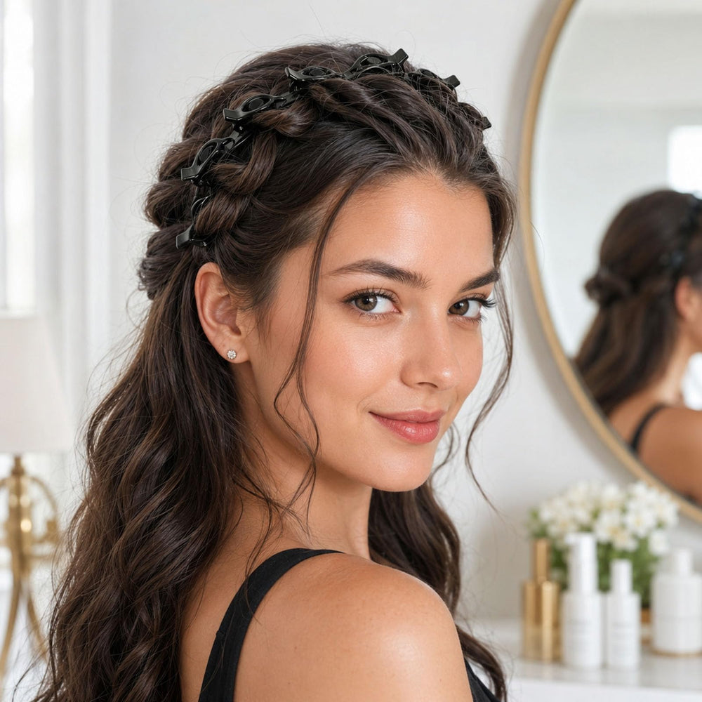 WIWUFUE headband in use creating a braided bang for neat styling