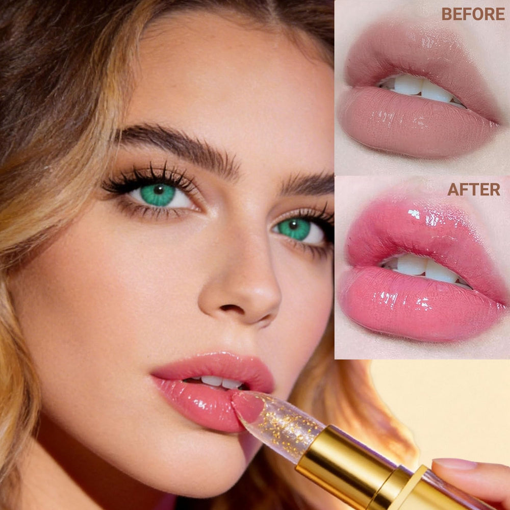 Wiyakwnry before and after lip glow comparison showing hydrated, naturally tinted result