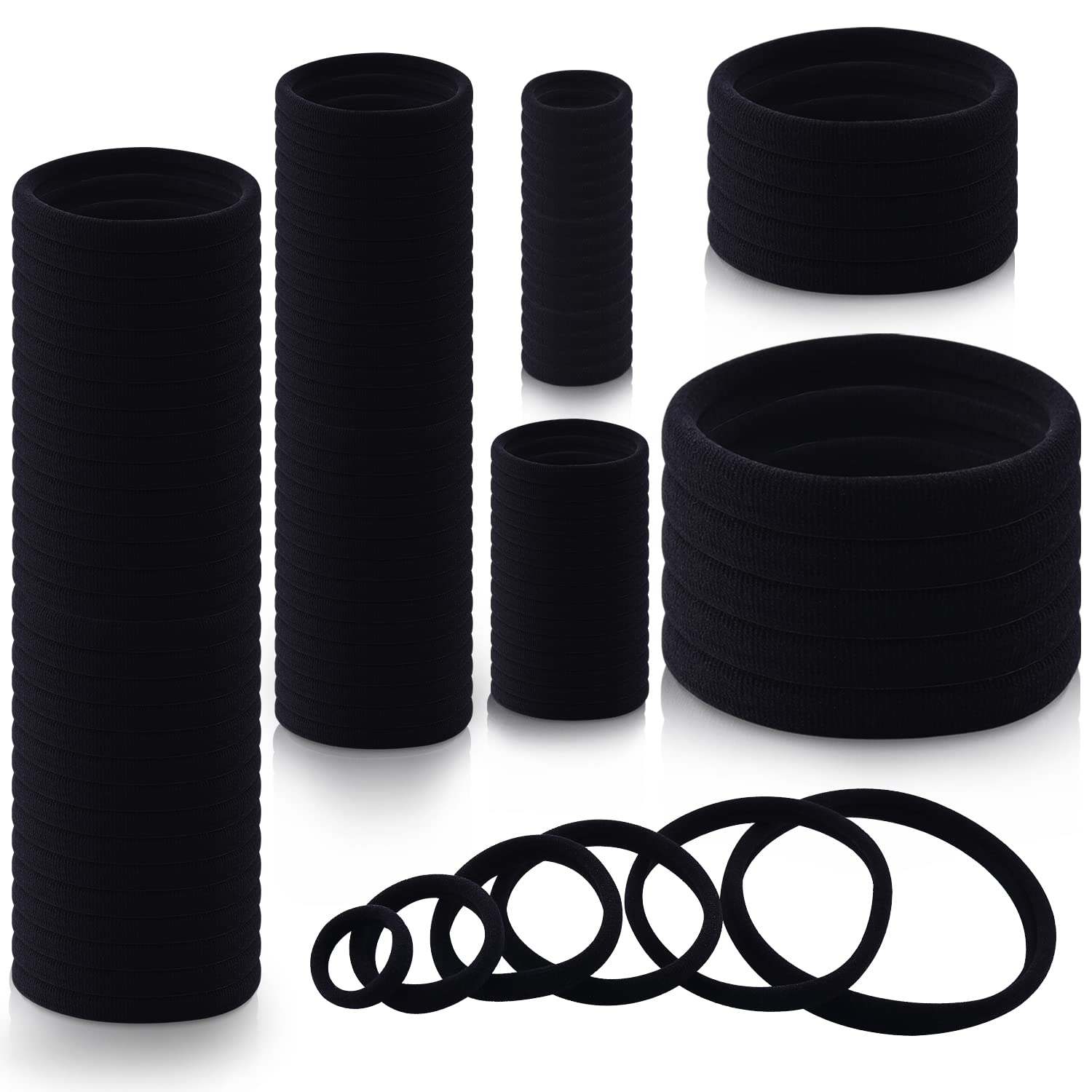 WKJHO front pack of 100 black hair ties showing quantity and style benefit