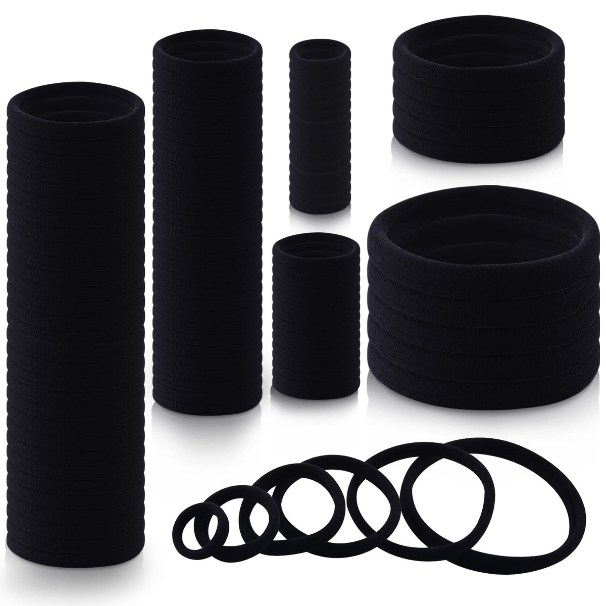 WKJHO front pack of 100 black hair ties showing quantity and style benefit
