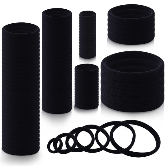 WKJHO front pack of 100 black hair ties showing quantity and style benefit