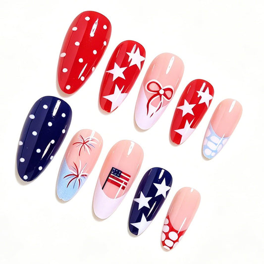 WLGDLH close-up on French tip with bow and polka dots, precise decorative detail