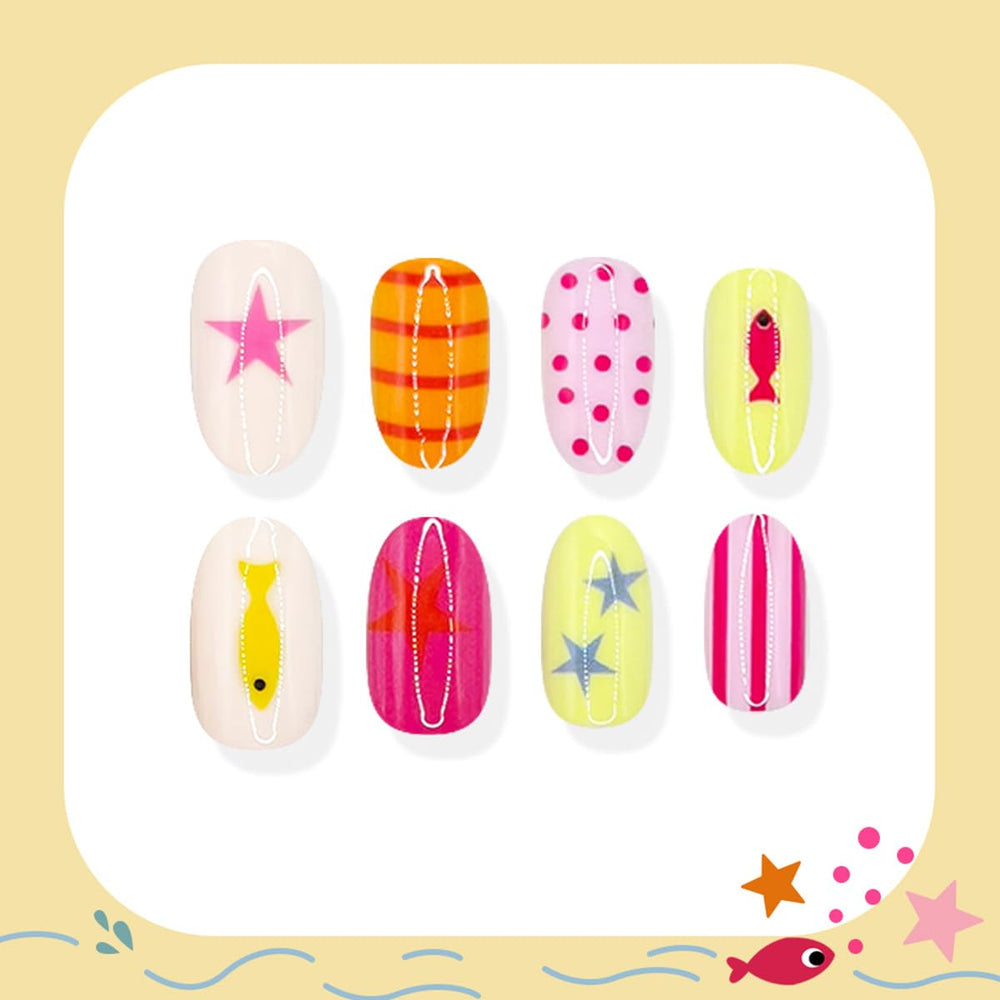 WLGDLH all 24 nails laid out displaying striped fish star and polka dot patterns