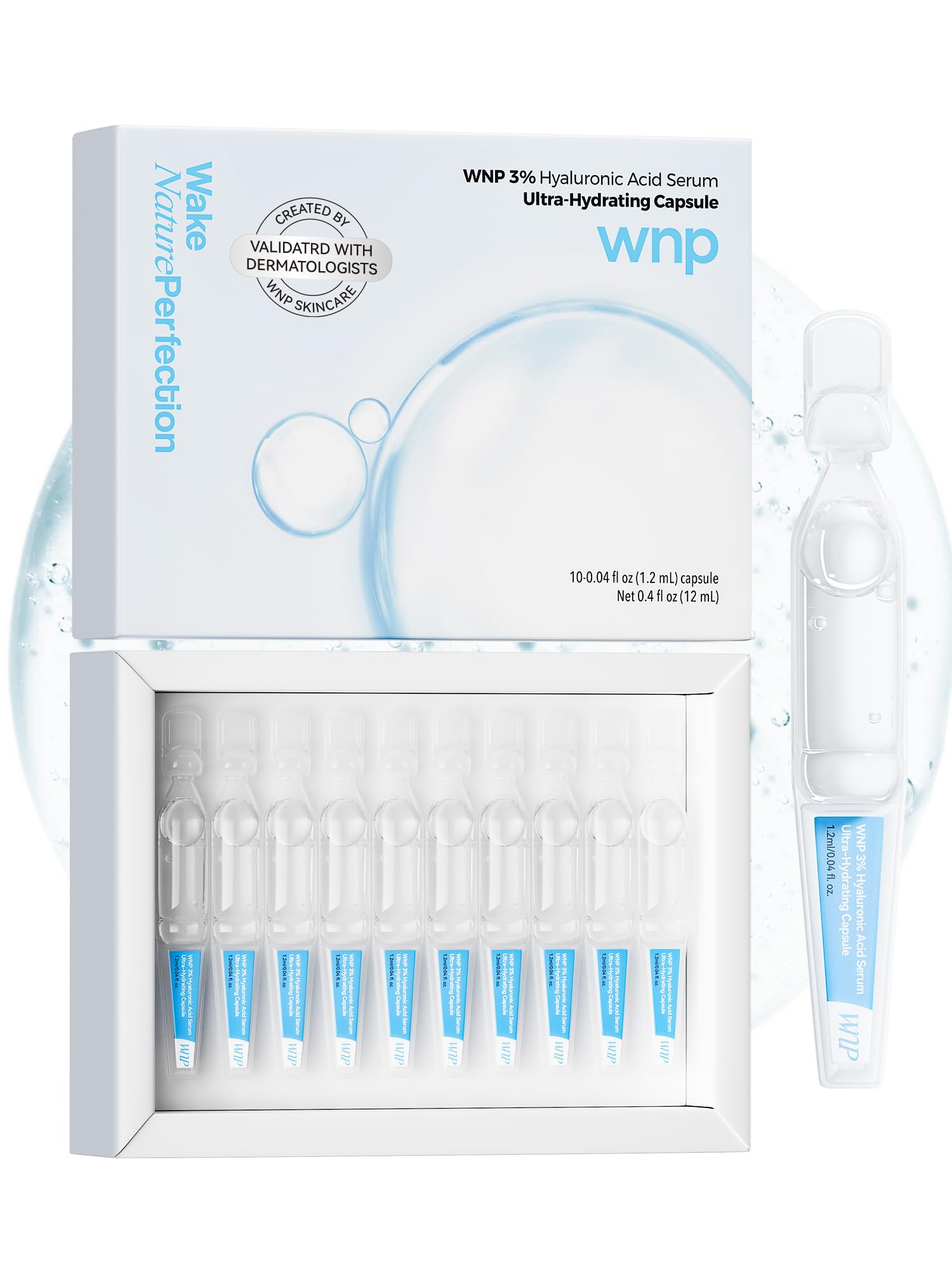 WNP front vial display showing single-use hyaluronic serum benefits