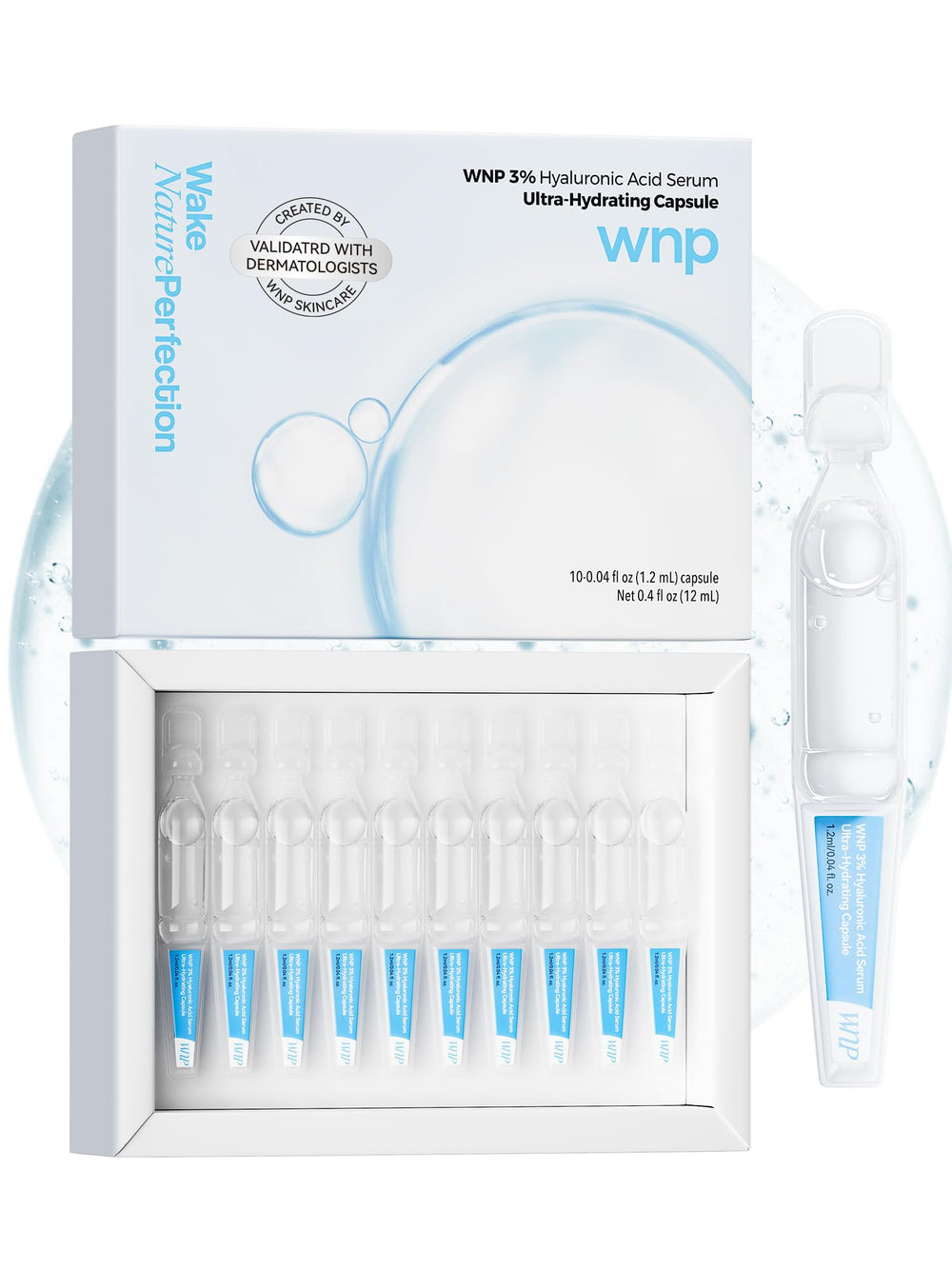 WNP front vial display showing single-use hyaluronic serum benefits