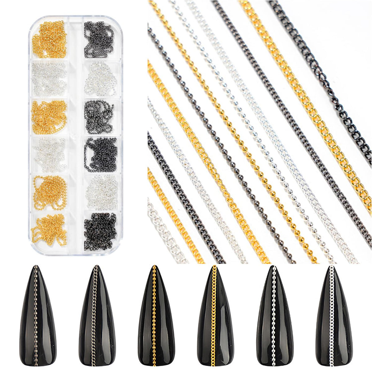 WOKOTO front packaging showing 12 metallic nail chains for versatile styling