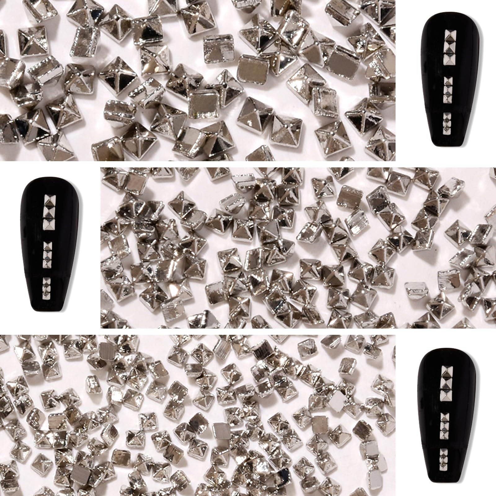 WOKOTO studs applied on acrylic nail showing edgy metallic finish