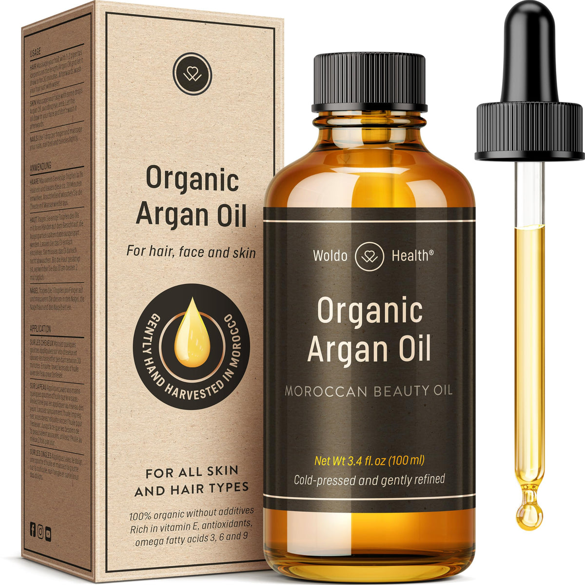 WoldoHealth front bottle shot showing organic argan oil and label benefits