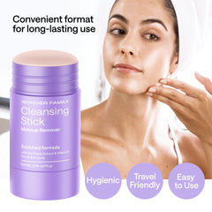 WONDER FAMILY cleansing stick on bathroom shelf and travel bag showing on-the-go convenience