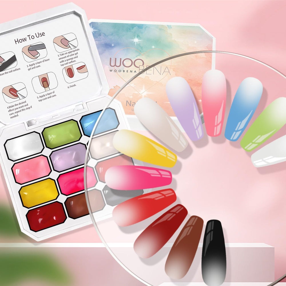 Woobena open jars of 12 vibrant patting gels for clear color choice
