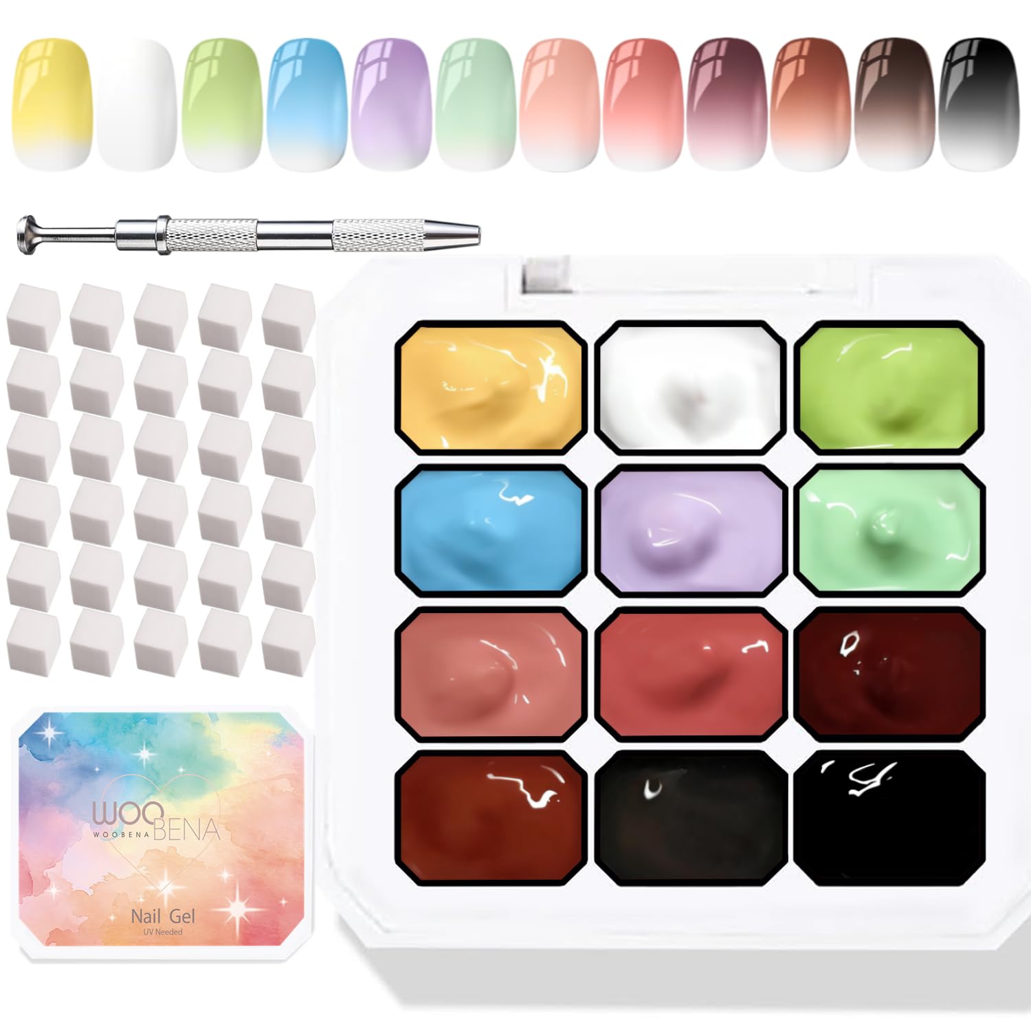 Woobena front packaging showing 12 gel colors and kit contents, clear product overview