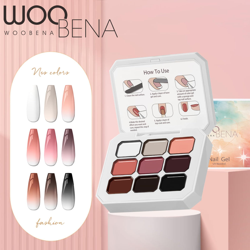 Woobena color swatches of nine gradient shades demonstrating vibrant pigments and blending potential