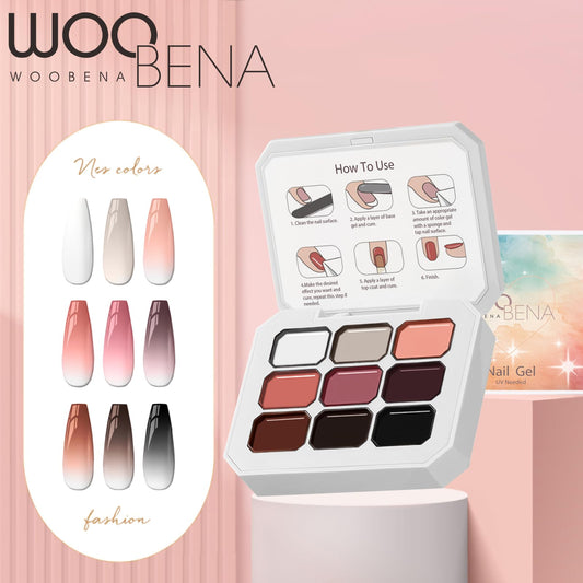 Woobena color swatches of nine gradient shades demonstrating vibrant pigments and blending potential