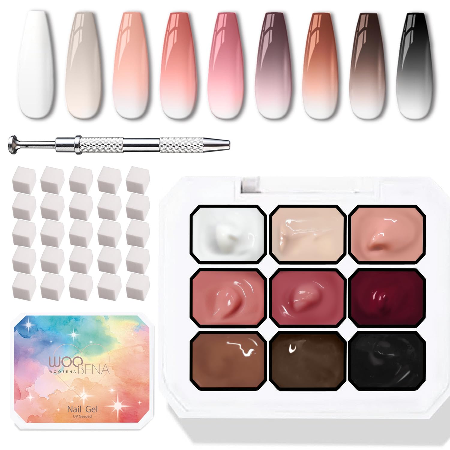 Woobena front packaging showing 9 ombre gel bottles and accessories for easy kit identification and benefits