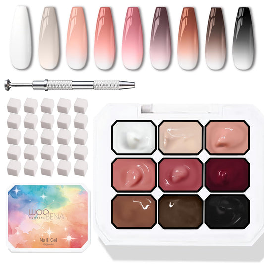 Woobena front packaging showing 9 ombre gel bottles and accessories for easy kit identification and benefits