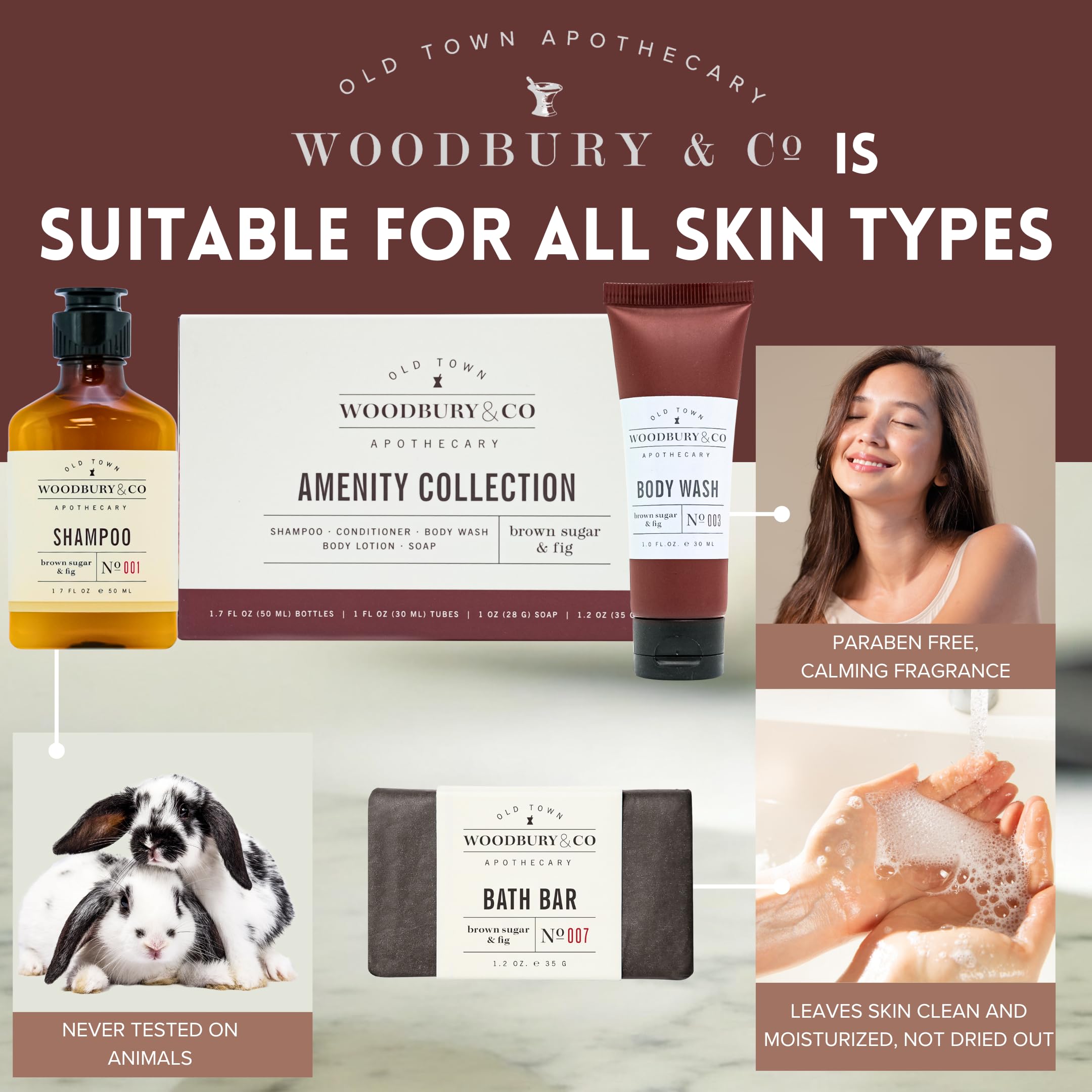 WOODBURY & CO set staged in a bathroom showing convenience and guest-ready presentation