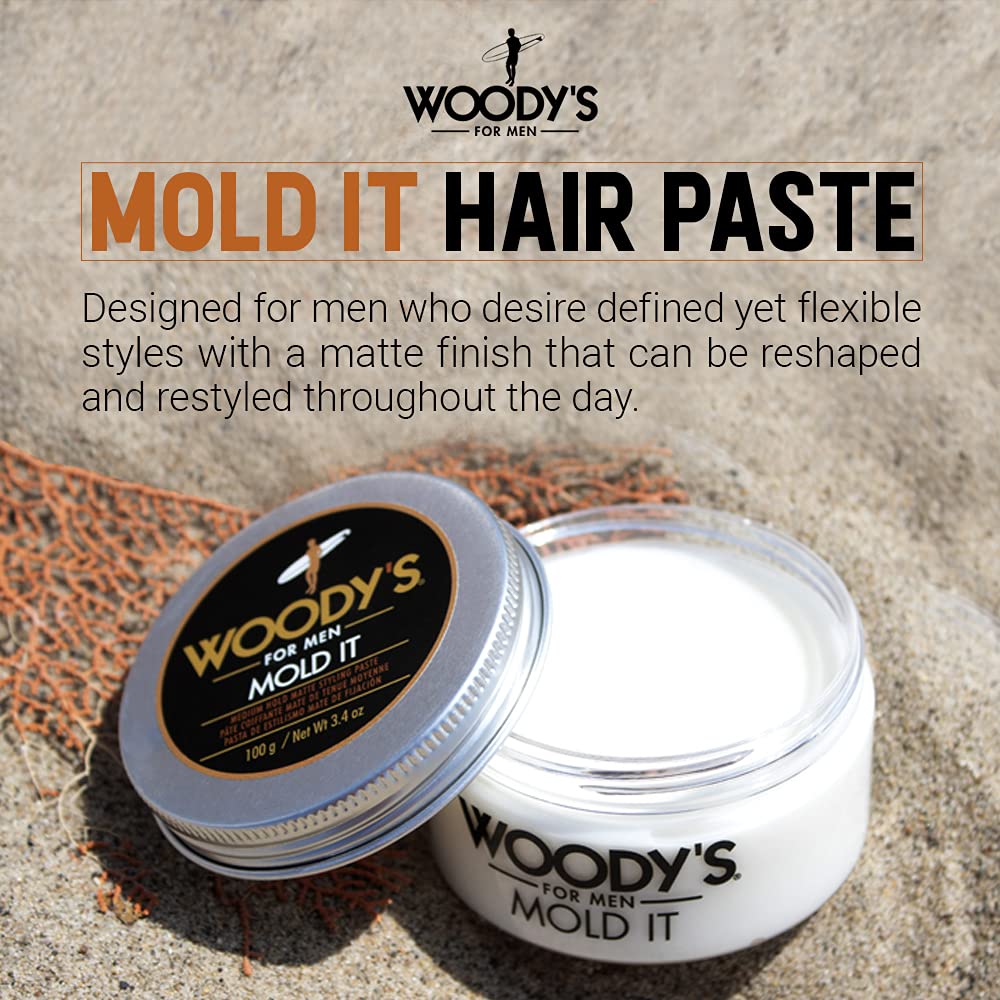 Woody's paste texture close-up in tub, showing matte clay consistency for natural hold