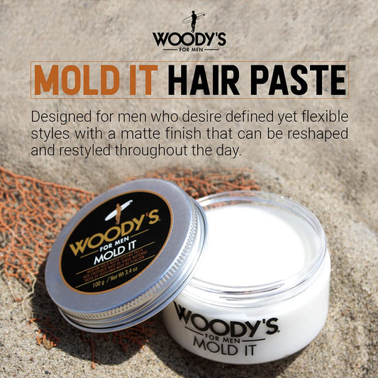 Woody's paste texture close-up in tub, showing matte clay consistency for natural hold