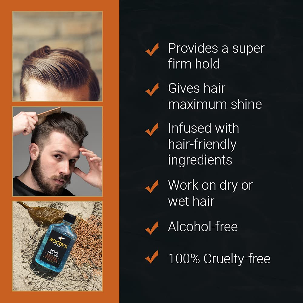 Woody's styled model slick back showing strong hold and shine