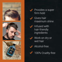 Woody's styled model slick back showing strong hold and shine