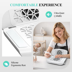Woput in-use by manicurist showing dust capture and improved salon hygiene