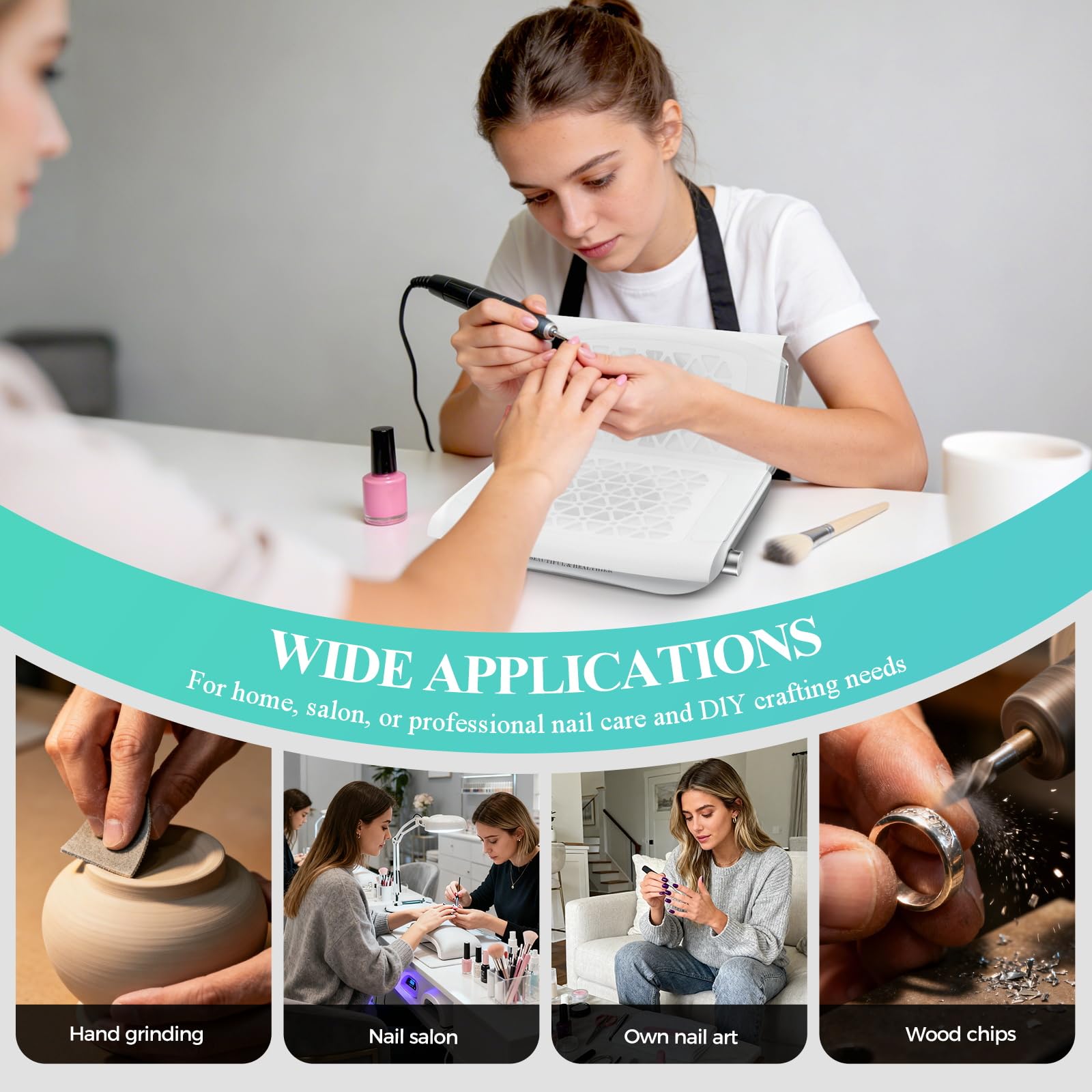 Woput next to manicure tools showing scale and table-friendly footprint