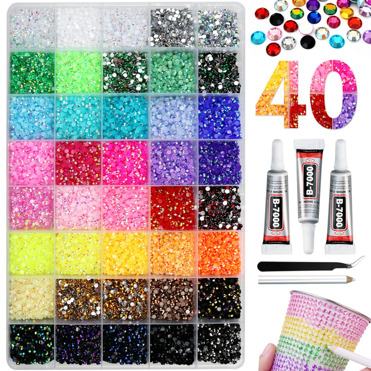 WOQPHU front packaging showing full 34,000 piece rhinestone kit and contents benefits organization