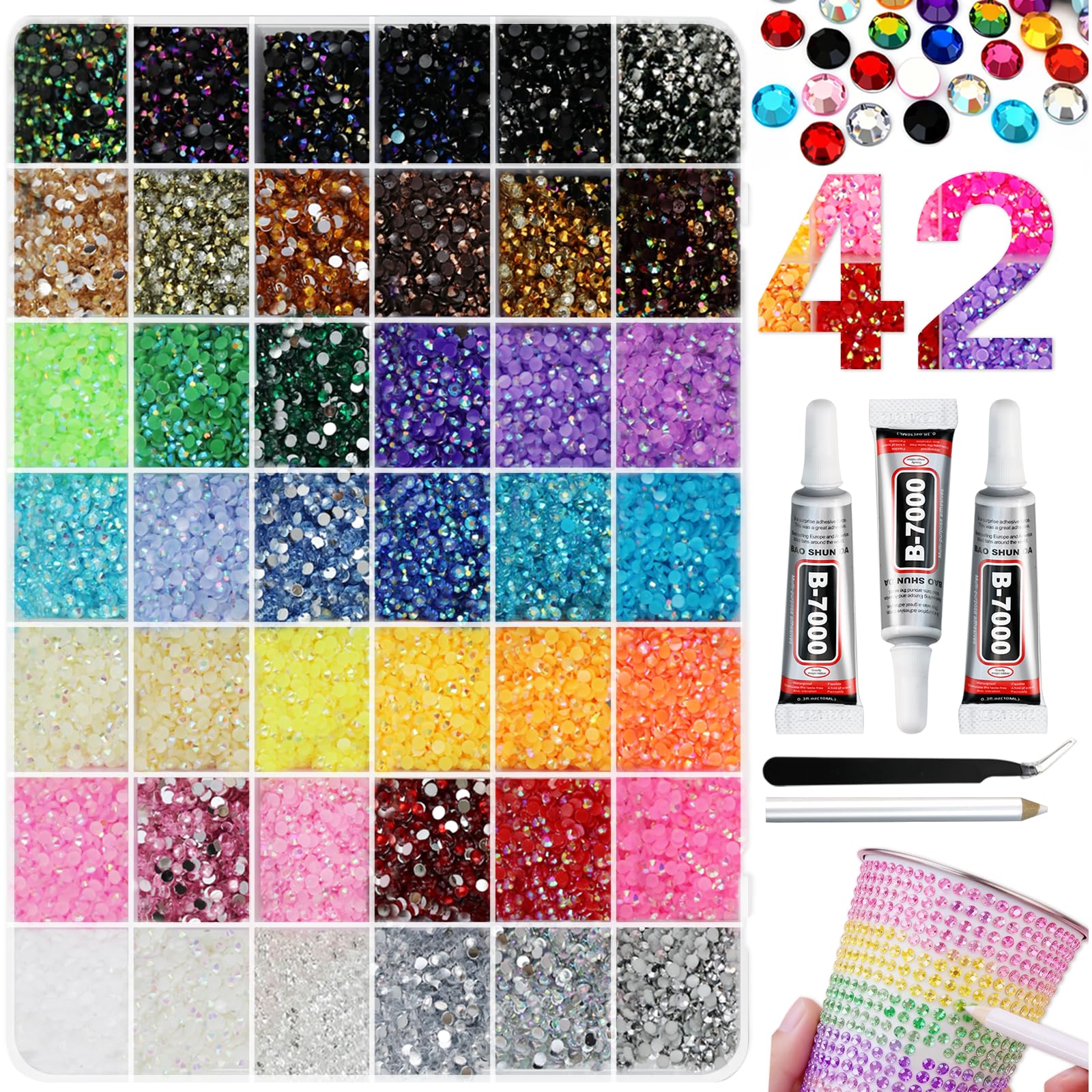 WOQPHU front packaging showing 42-color rhinestone kit, perfect for large projects